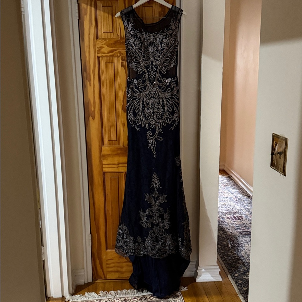 Elegant Navy Blue Embroidered Wedding Dress